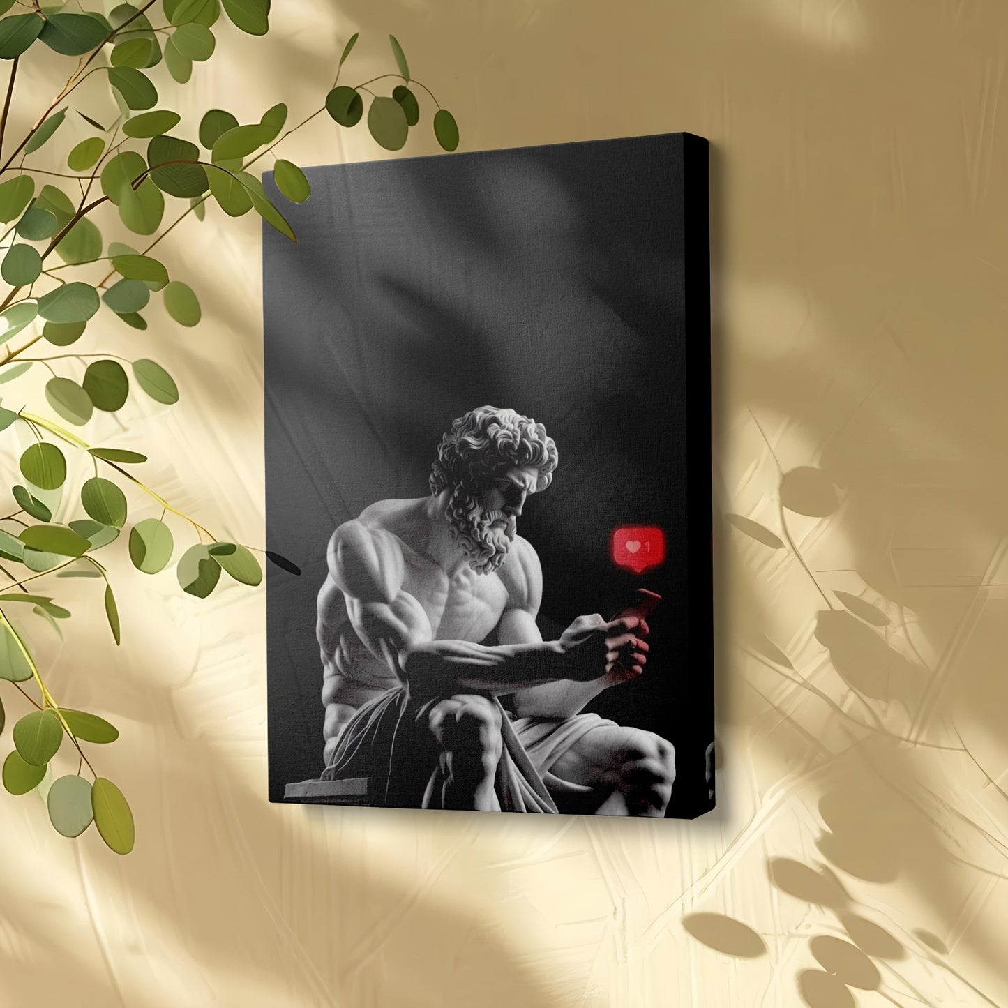 2D Flat Framed Zeus Canvas Artwork | Statue of Zeus with Phone | Mythology Wall Art for Living Room Bedroom Office Study or Gallery