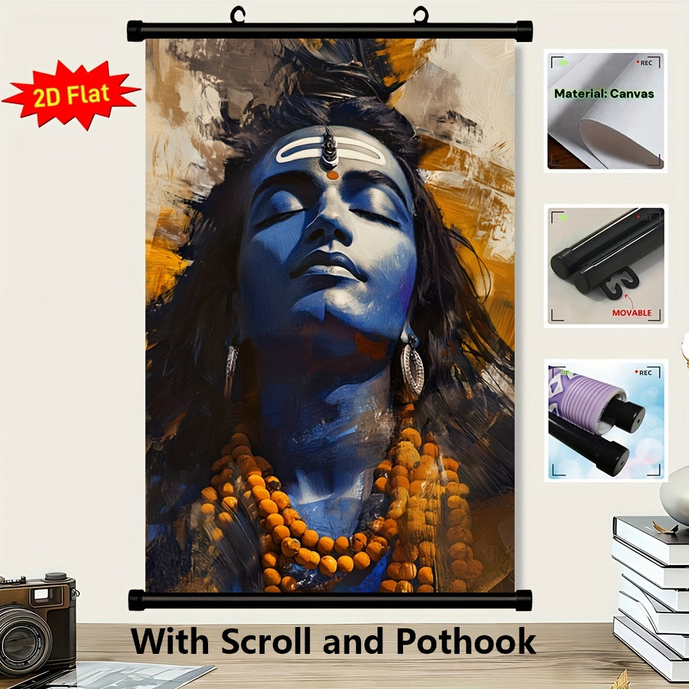 2D Flat 1pc Lord Shiva Hindu Deity Framed Canvas Wall Art | Indian Religious Artwork with Auspicious Red and White Ganga Jamuni Tikona | Ready to Hang Scroll Poster for Home Temple Office or Spiritual Gift | Compatible with Indian Scroll Rods