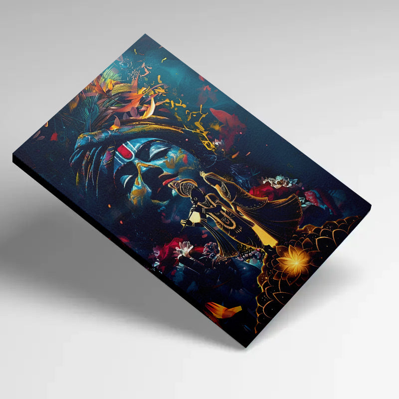 2D Flat 1pc Framed Canvas Painting Divine Harmony Lord Krishna and Radha in Lotus Blossom | Vibrant Hindu Deities Artwork | Recycled Wood Frame | Ready to Hang Spiritual Wall Decor for Living Room Temple or Sacred Spaces