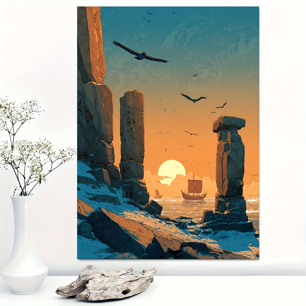 12x16 Inch Norse Viking Rune Framed Canvas Art Print | Ancient Ruins and Viking Longship Landscape | Scandinavian Mythology Wall Decor for Living Room Office or Man Cave