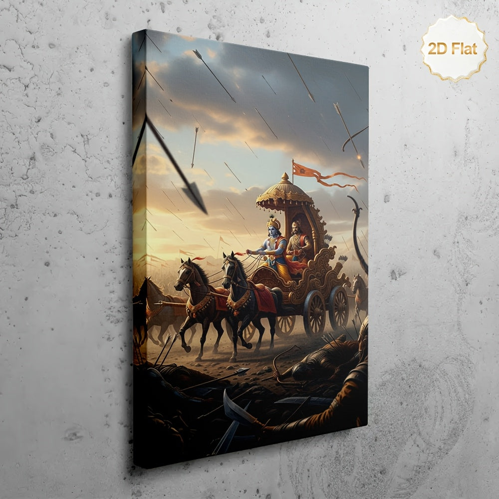 1pc Framed 2D Flat Canvas Painting of Lord Krishna and Arjuna Chariot Battle Scene Spiritual Hindu Bhagavad Gita Wall Art for Living Room, Bedroom, and Study