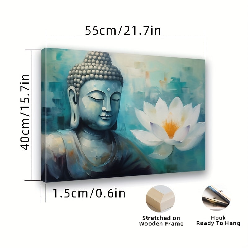 2D Flat Framed Zen Buddha in Lotus Canvas Wall Art | Serene Blue Halo Buddha with White Lotus | Wooden Frame Horizontal Spiritual Decor for Meditation Rooms Yoga Spaces Living Room and Bedroom