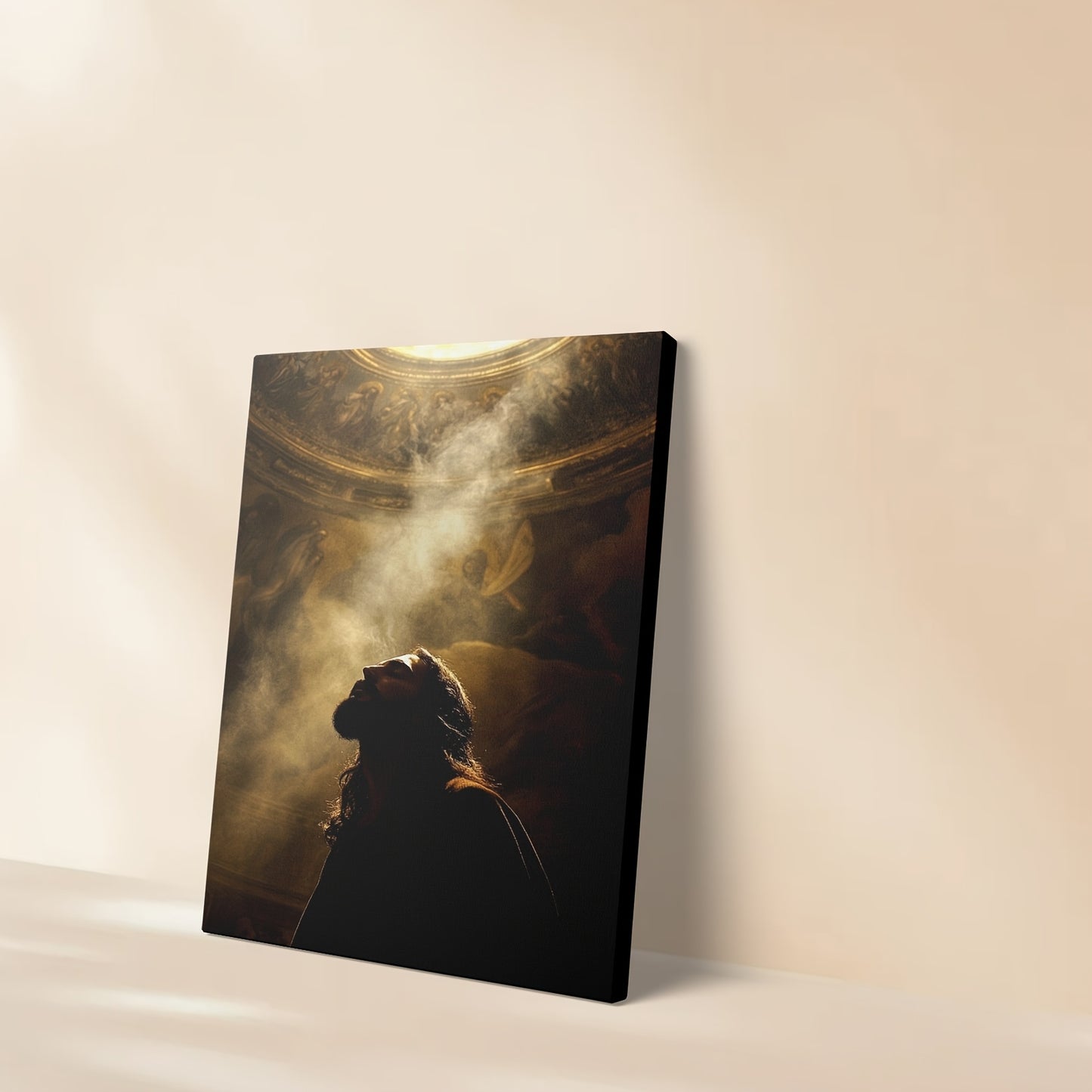 1pc Framed 2D Flat Canvas Painting Christ in Prayer Golden Halo Celestial Design Perfect for Living Room Bedroom Office or Meditation Room Religious Wall Art Detailed Artwork Christian Home Decor Viking Canvas Pine S