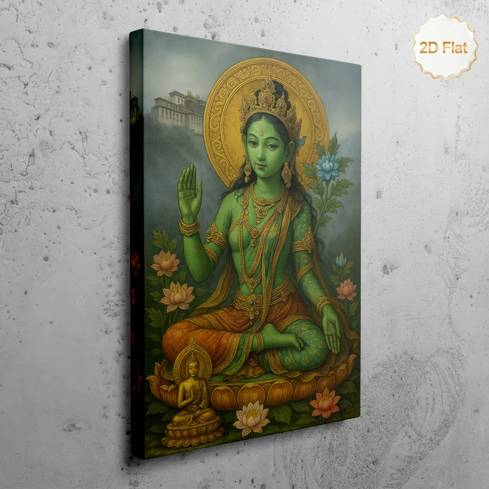 1pc Framed 2D Flat Canvas Painting Green Tara Buddha with Golden Halo and Lotus Spiritual Wall Art for Living Room Bedroom Meditation Room Office Yoga Studio and Temple