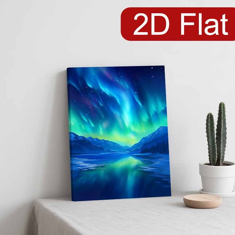 2D Flat 1pc Northern Lights Aurora Borealis Framed Canvas Wall Art | Green and Blue Aurora Over Snowy Mountains | Vertical Landscape Decor