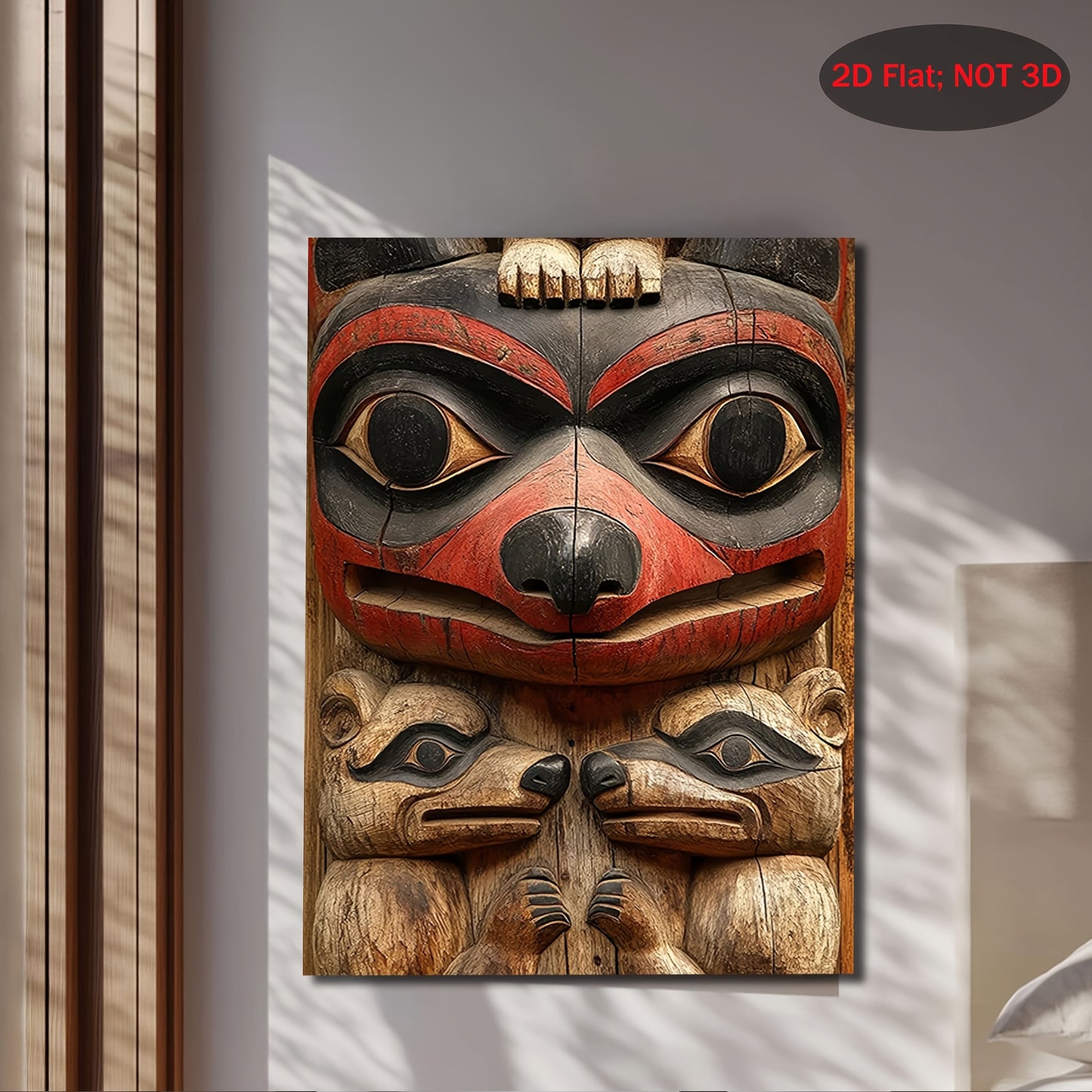 2D Flat 1pc Native American Totem Pole Wall Art | Red & Black Tribal Canvas Painting with Bear, Wolf & Orca | Cultural Hanging Decor (11.8×15.7 in / 30×40 cm)