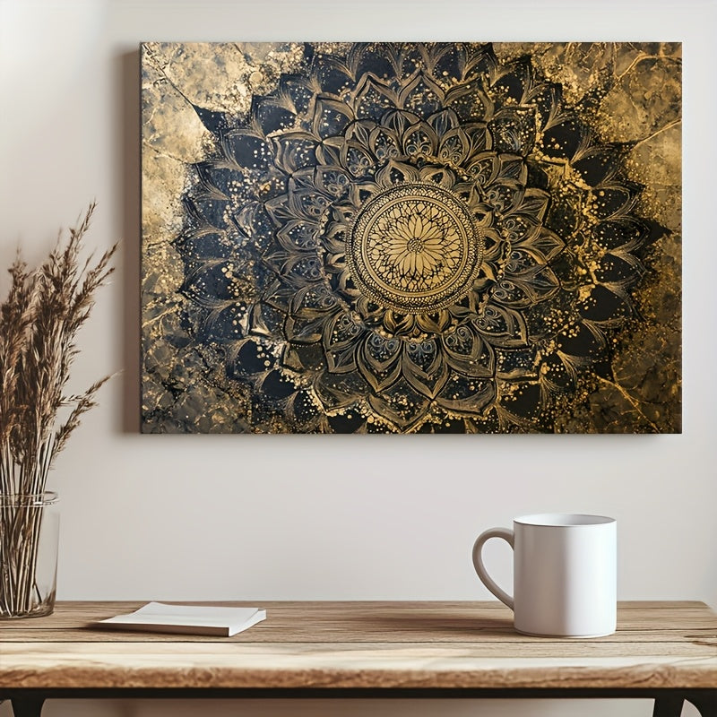 Golden Mandala Canvas Wall Art with Wooden Frame – Elegant Spiritual Floral Design for Living Room, Bedroom & Nursery Decor