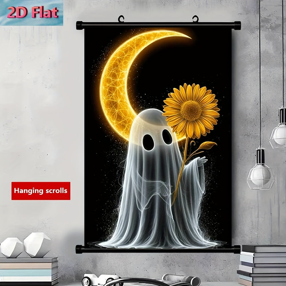 2D Flat 1pc Framed French-Style Hanging Scroll Canvas Wall Art | Black and Golden Sunflower Moon Phases | French Door Compatible Decor for Halloween and Christmas