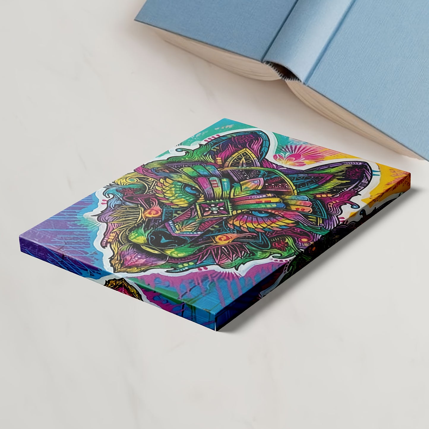 2D Flat 1pc Framed Wolf Shaman Tribal Fantasy Canvas Poster | Neon Tribal Wolf Wall Art | Living Room, Bedroom, Office Decor