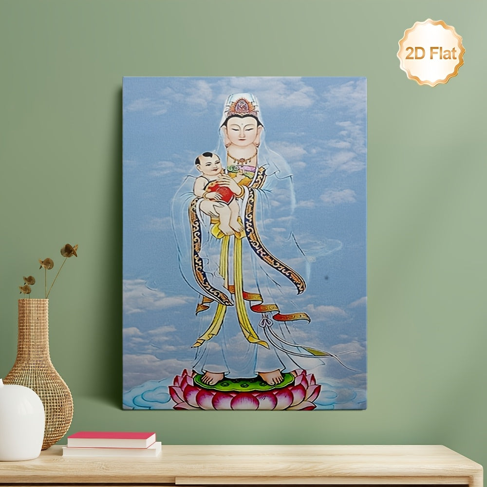 1pc Framed 2D Flat Canvas Painting Guanyin Holding a Baby Spiritual Buddhist Wall Art for Living Room Bedroom Study Office and Dining Room
