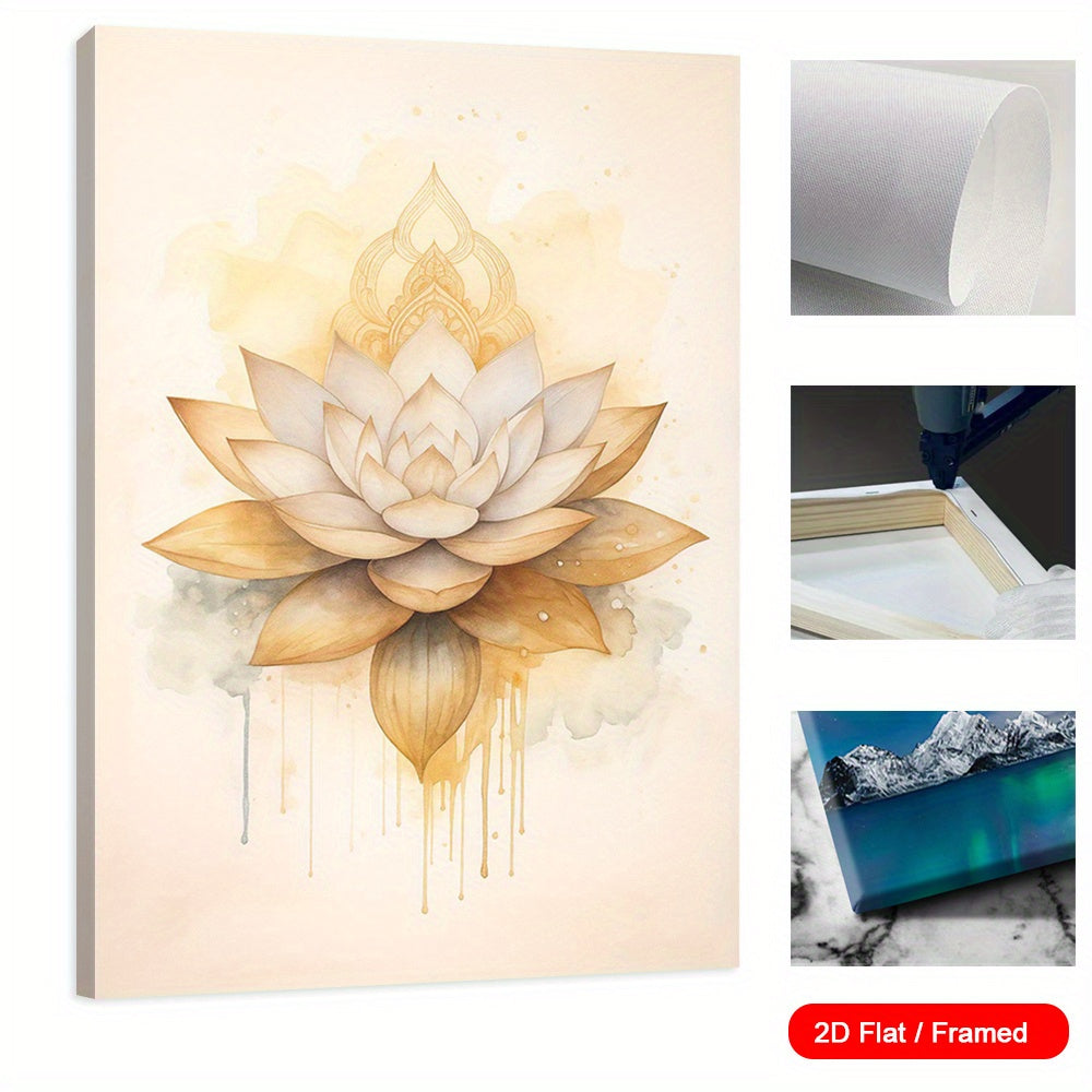 2D Flat 1pc Framed Elegant Lotus Wall Art Golden Glow Spiritual Harmony Vertical Canvas Print Modern Art Deco Beige and Golden Floral Spiritual Decor for Living Room Bedroom Home Office Bathroom