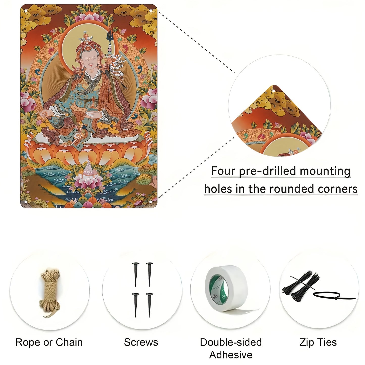 2D Flat 1pc Guru Padmasambhava Thangka Art Metal Wall Sign Vibrant Tibetan Deity Lotus Design 12x8 Inches Perfect for Living Room Bedroom Decor Religious Wall Art Decorative Detailed Craftsmanship