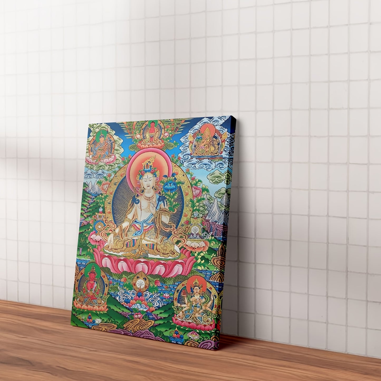 1pc Framed 2D Flat Canvas Painting of Amitabha Buddha with Bodhisattvas Sacred Mandala Zen Decor for Living Room Bedroom Meditation Space and Office