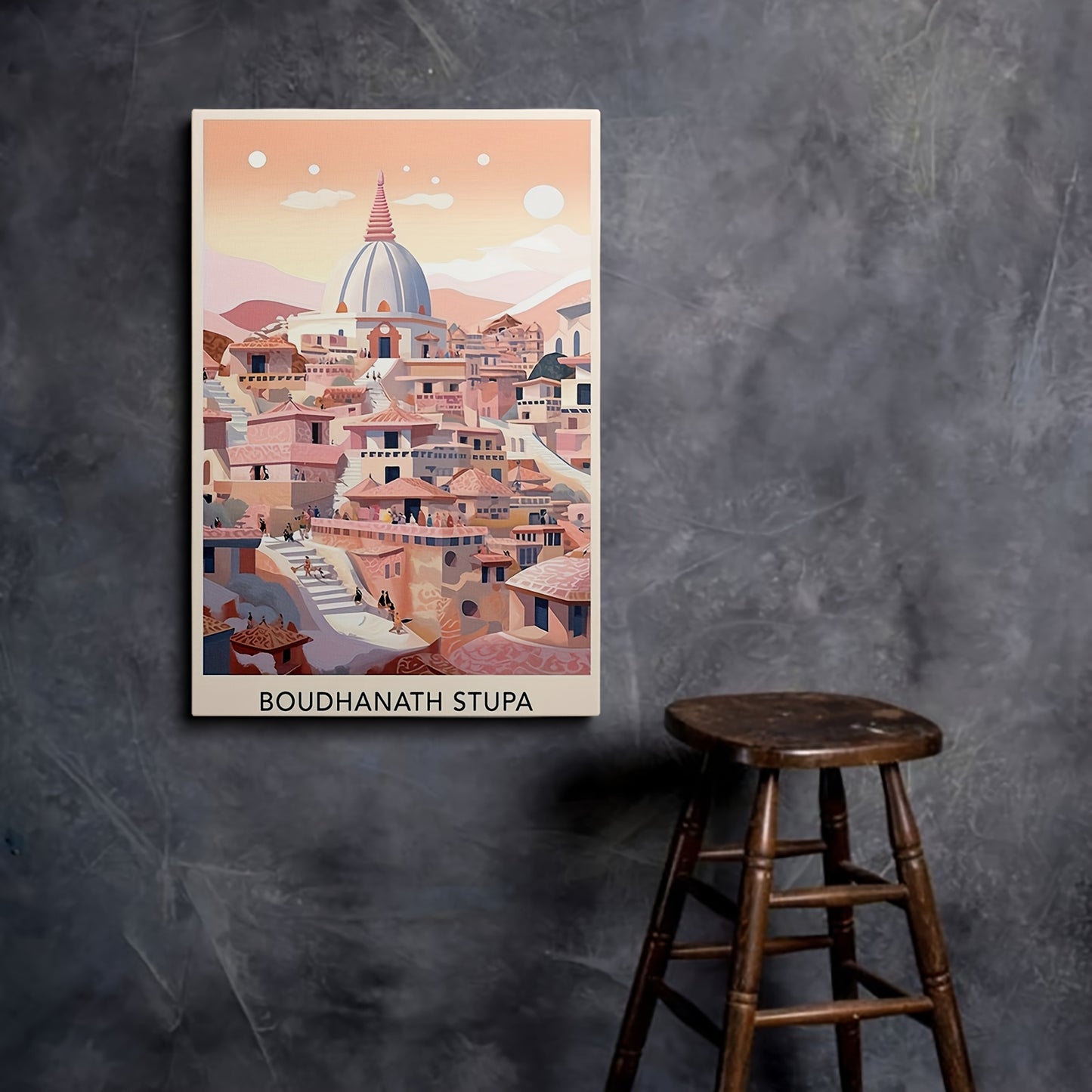 1pc Framed Boudhanath Stupa Landscape Canvas Art Vibrant Nepalese Stupa Monastery Scene Ideal for Home Decor Perfect Gift for Travel Enthusiasts Stupa Decor