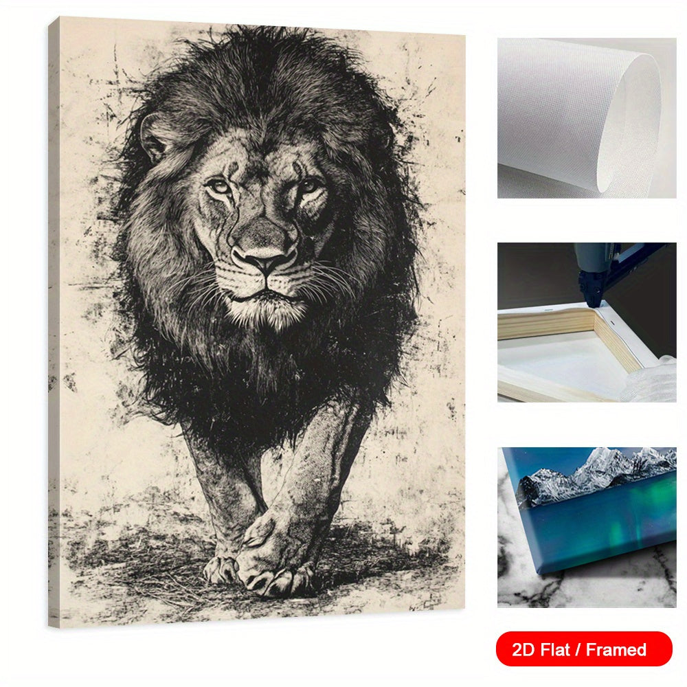 2D Flat 1pc Framed Wolf Wall Art Decor | Black & White Full Moon Canvas Print | Mountain Solitude Night Scene | Classic Wild Animal Spirit Wall Decor with Wooden Frame