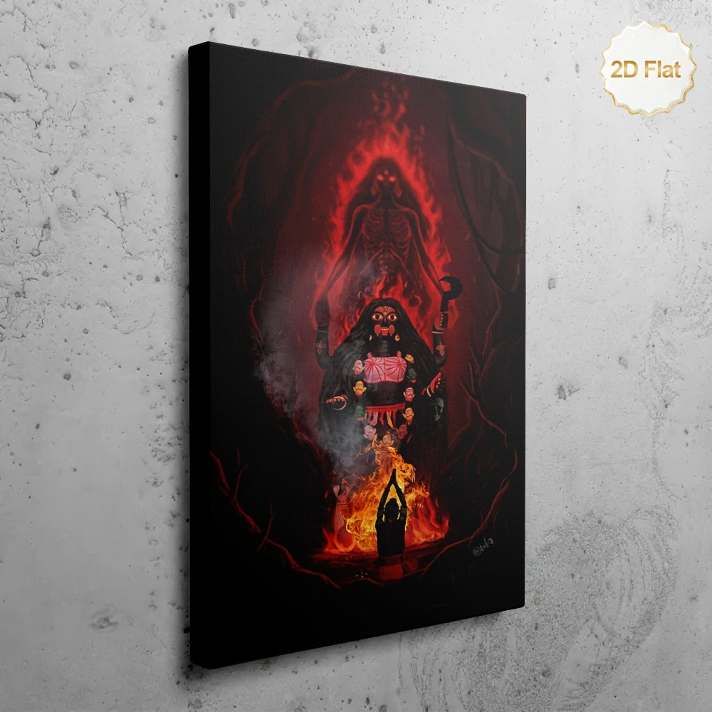 1pc 2D Flat Framed Canvas Painting Hindu Goddess Kali Skeleton and Flames Spiritual Wall Art for Living Room Bedroom Study Meditation Room Office