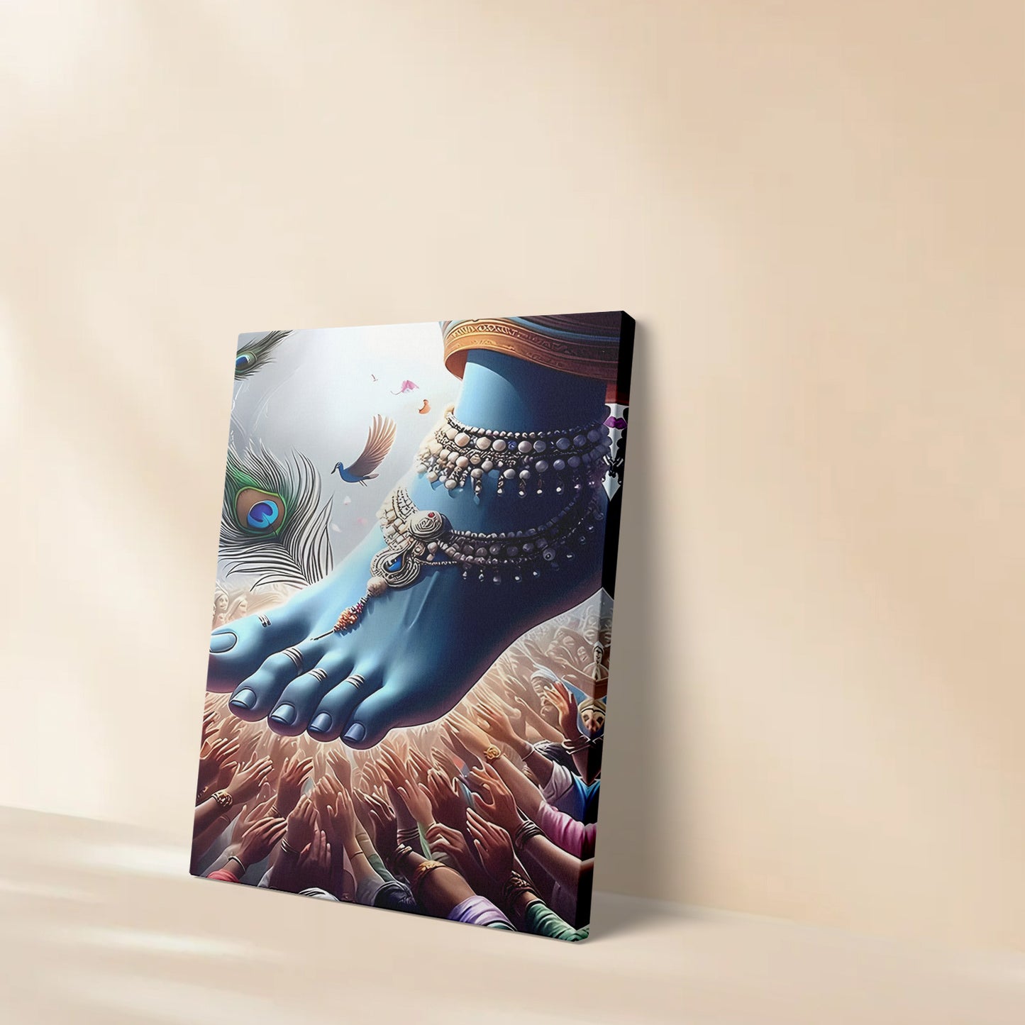 1pc Framed 2D Flat Canvas Painting Krishna Foot Peacock Feather Spiritual Art for Living Room Bedroom Office Yoga Studio Meditation Space Prayer Room Decor