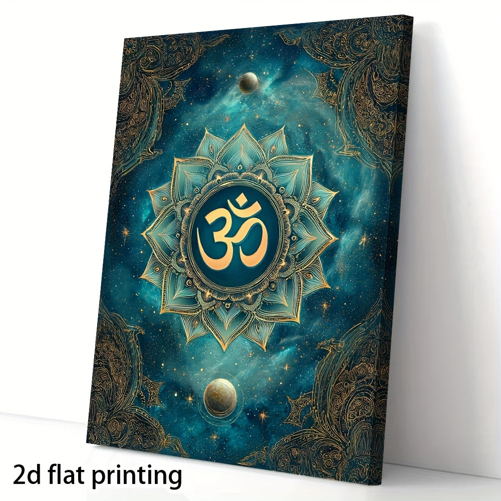 2D 1pc Wooden-Framed Canvas Decorative Painting Mandala with Sacred Om Symbol Spiritual Wall Art for Bedroom Bathroom Living Room New Year Halloween Christmas Decor