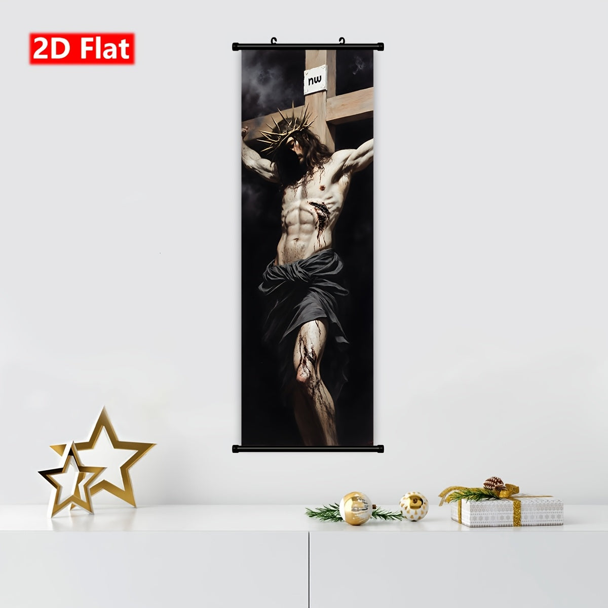 2D Flat 1pc Framed Jesus Christ Crucifixion Wall Art Modern Religious Iconography Ink Canvas Painting Spiritual Decor for Bedroom Living Room Church Prayer Room Gift