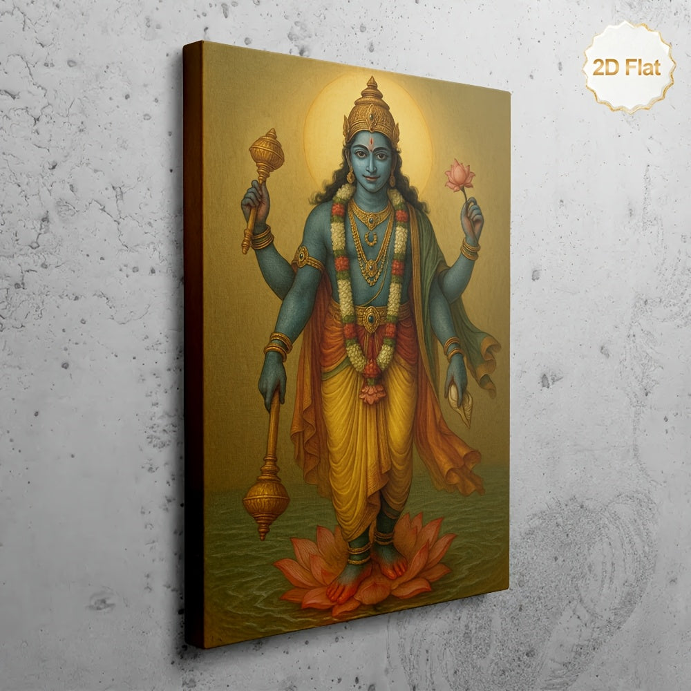 1pc 2D Flat Framed Hindu Deity Vishnu Canvas Painting Four Main Forms Chatur-Skhanda Spiritual Wall Art for Living Room Bedroom Meditation Room Office Temple