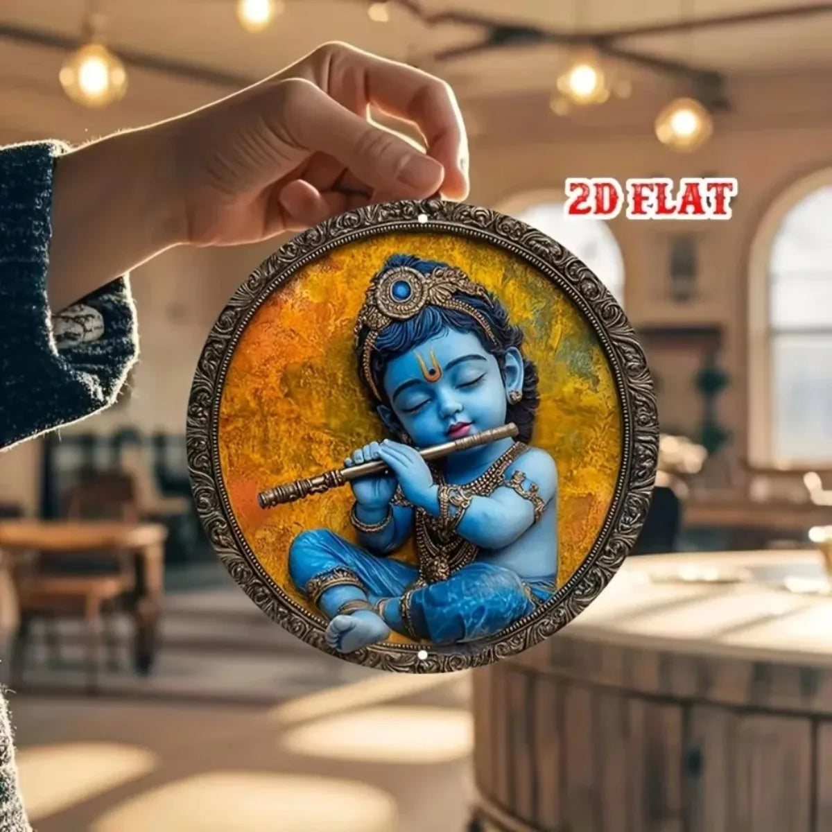 2D Flat Vintage Metal Sign | Graceful Baby Krishna with Flute | Captivating Indian Art for Bars Cafes or Home Decor