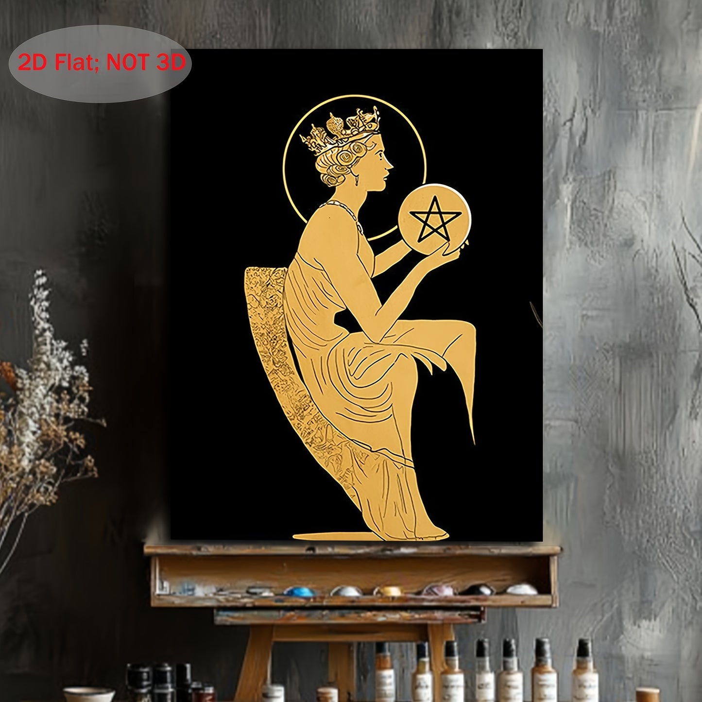 2D Flat 1pc Queen of Pentacles Tarot Card Canvas Painting | Green Menagerie Tarot | Boho Wall Art for Bedroom Living Room or Bathroom