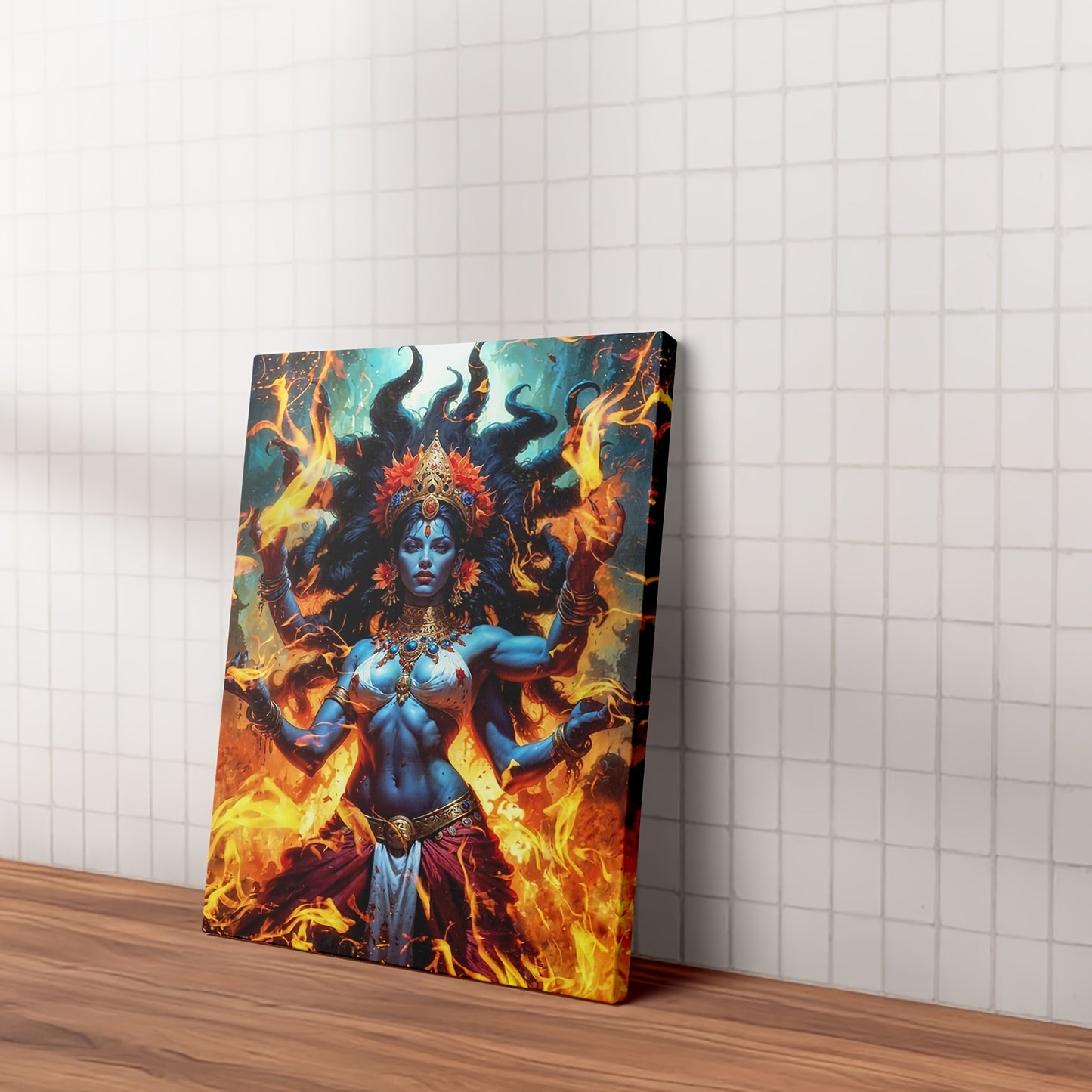 1pc Framed 2D Flat Canvas Painting Fiery Goddess Kali Ma Spiritual Wall Art for Living Room Bedroom Office Yoga Studio Meditation Space