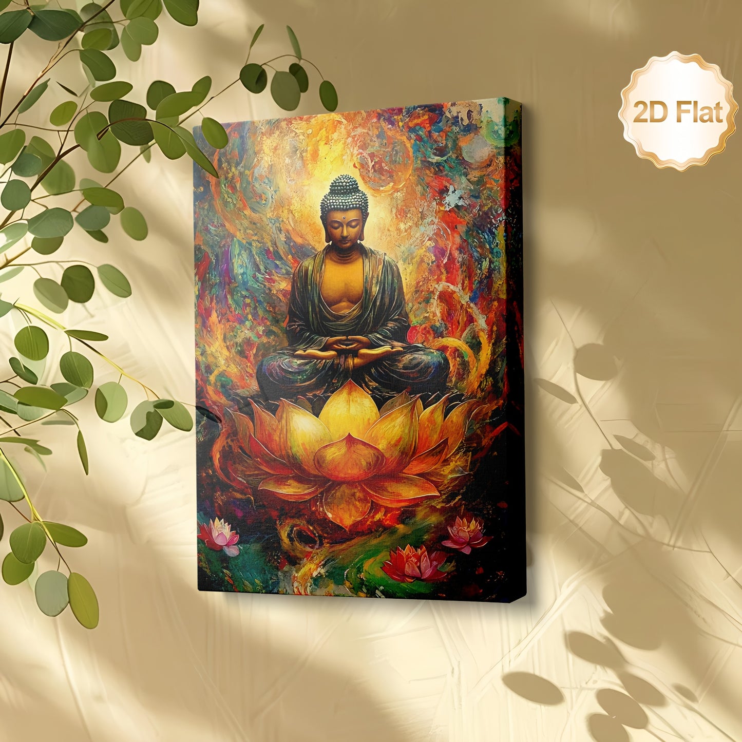 1pc Framed Buddha Canvas Painting Vibrant Orange Red Green Blue Golden Zen Buddhist Wall Decor 2D Flat Spiritual Wall Art for Living Room Bedroom Yoga Studio Office Relaxation Sanctuary