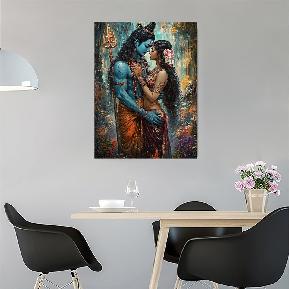 1pc Lord Shiva and Goddess Parvati Hindu Wall Art | Large 11.8x15.7 Inches 29.97x39.88cm Canvas Painting with Wooden Frame | Traditional Indian Gods Decor for Home Office Meditation Room | Spiritual Gift for Diwali or Wedding