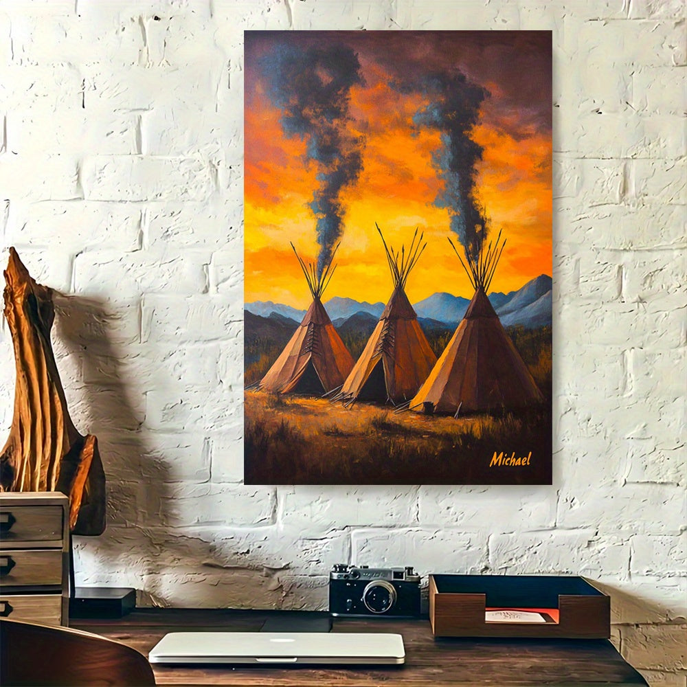 2D Flat, 1pc Native Teepee Sunset Wall Art - Wood Framed Canvas Painting with Turquoise Sky, Teepees & Mountains, Southwest Bohemian Decor for Home, Office, Cabin - Indian Tipi Landscape Print, 2D Flat
