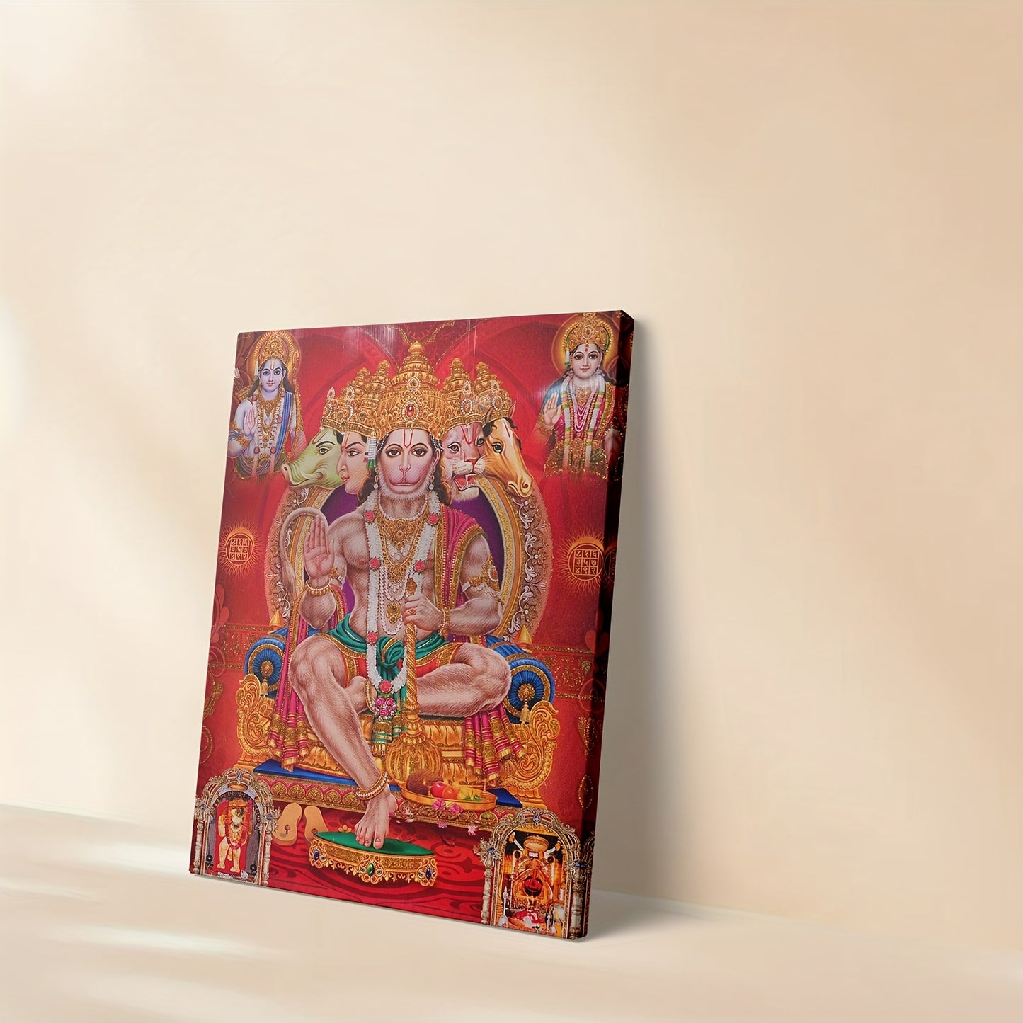 1pc Framed 2D Flat Canvas Painting of Hanuman Hindu Deity Monkey God Ramayana Figure Spiritual Wall Art for Living Room, Temple, and Yoga Studio