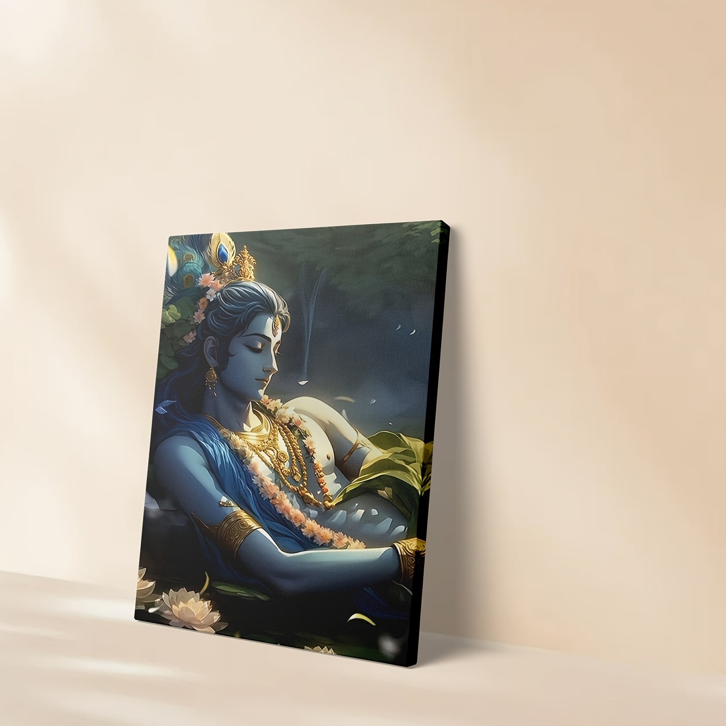 1pc Framed 2D Flat Canvas Painting Lord Krishna Portrait Perfect for Living Room Bedroom Meditation Room Yoga Studio Office and Spiritual Sanctuary Decoration, 2D Flat