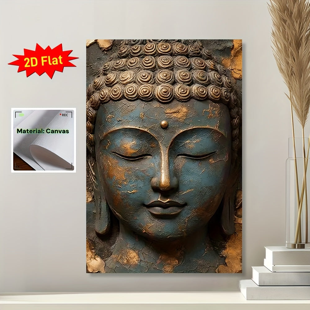 2D Flat 1pc Hanging Scroll Canvas Wall Art Poster | Serene Buddha Face Design in Blue and Brown | Flat Canvas Print for Living Room Office Meditation Spaces | Spiritual Home Decor Gift | Ready to Hang