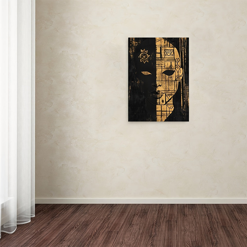 2D Flat Minimalist Framed Canvas Print – 11.8x15.7 Inch Stylized Tribal Portrait with Abstract Adinkra Symbols – Modern Wall Art for Living Room, Bedroom, or Office