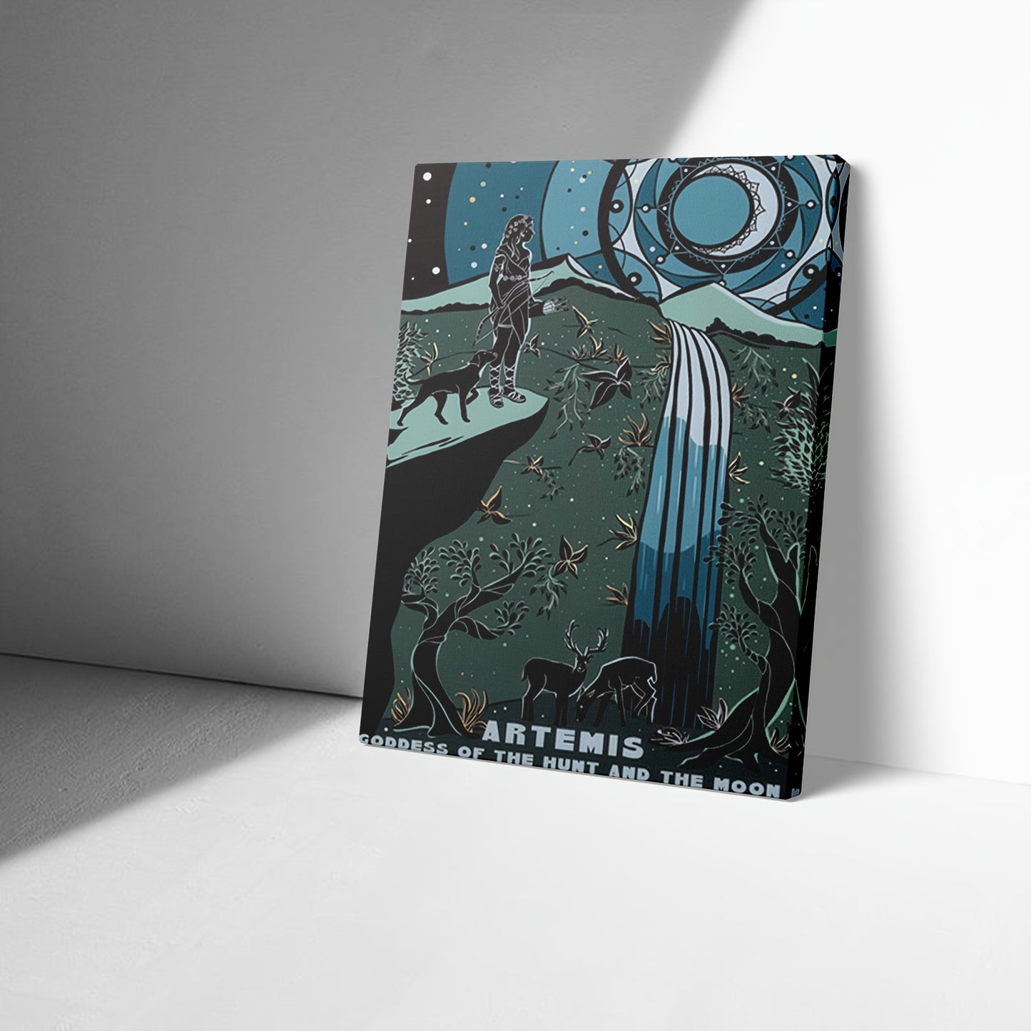 1pc Framed Artemis Greek Goddess Canvas Wall Art | Mythology Hunting and Moon Artwork | 2D Flat Classical Decor for Living Room Bedroom Kitchen | Gift for Mythology Fans