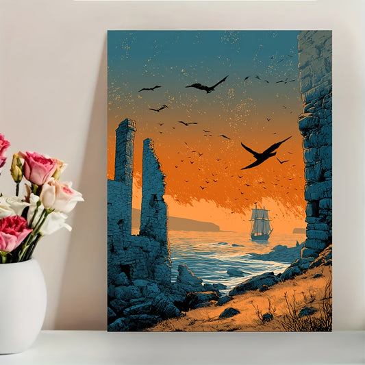 12x16 Inch Norse Viking Rune Framed Canvas Art Print | Ancient Ruins and Viking Ship Landscape in Earthy Orange and Teal | Norse Mythology Wall Decor for Living Room or Office