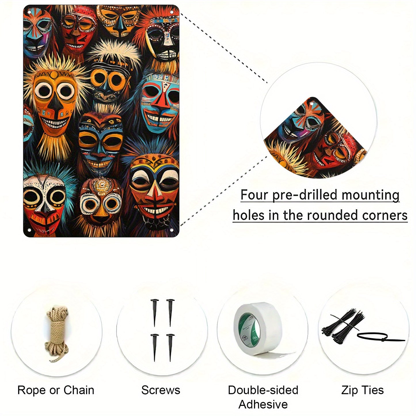 2D Flat African Tribal Mask Metal Sign | 12x8 Inch Cultural Wall Art Poster | Decorative Metal Wall Decor for Living Room Bedroom or Kitchen