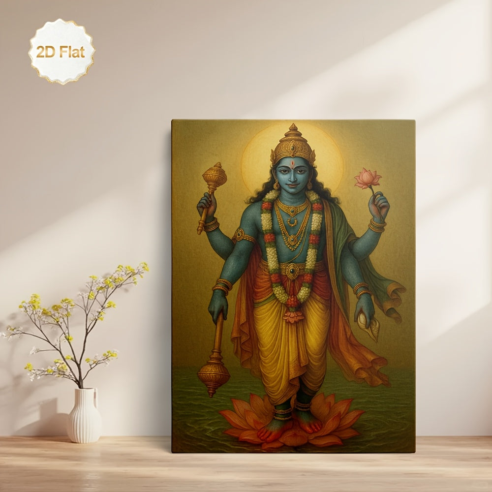 1pc 2D Flat Framed Hindu Deity Vishnu Canvas Painting Four Main Forms Chatur-Skhanda Spiritual Wall Art for Living Room Bedroom Meditation Room Office Temple