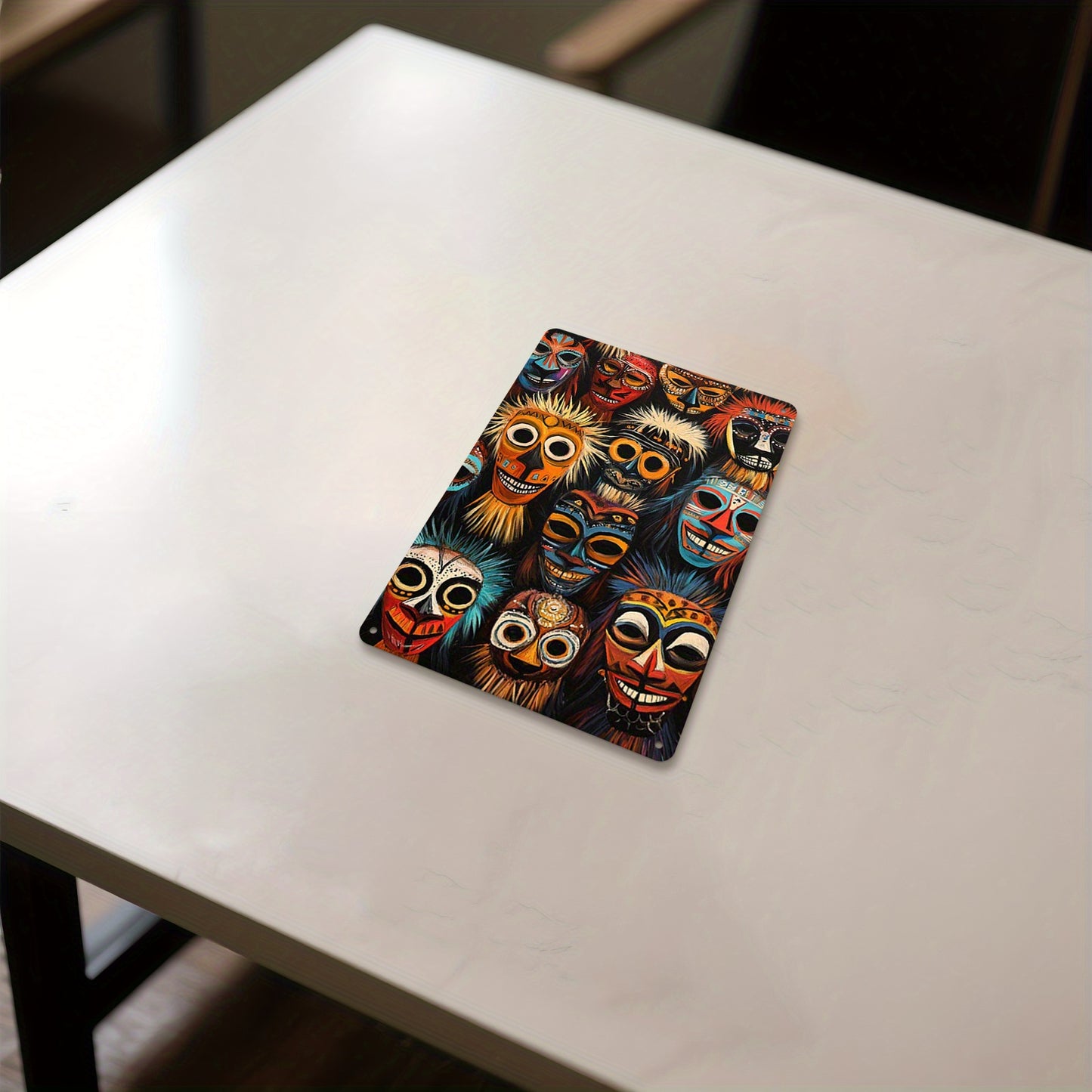 2D Flat African Tribal Mask Metal Sign | 12x8 Inch Cultural Wall Art Poster | Decorative Metal Wall Decor for Living Room Bedroom or Kitchen