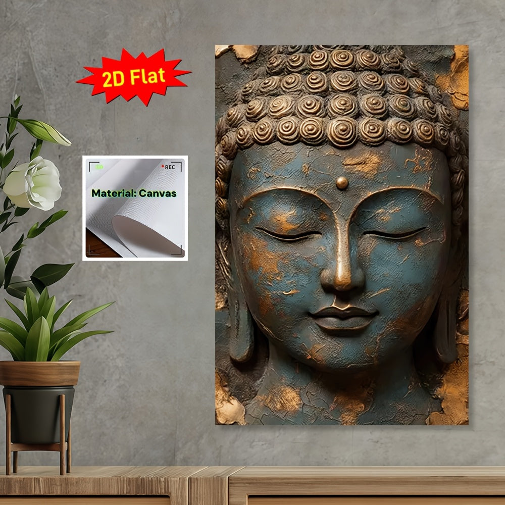 2D Flat 1pc Hanging Scroll Canvas Wall Art Poster | Serene Buddha Face Design in Blue and Brown | Flat Canvas Print for Living Room Office Meditation Spaces | Spiritual Home Decor Gift | Ready to Hang