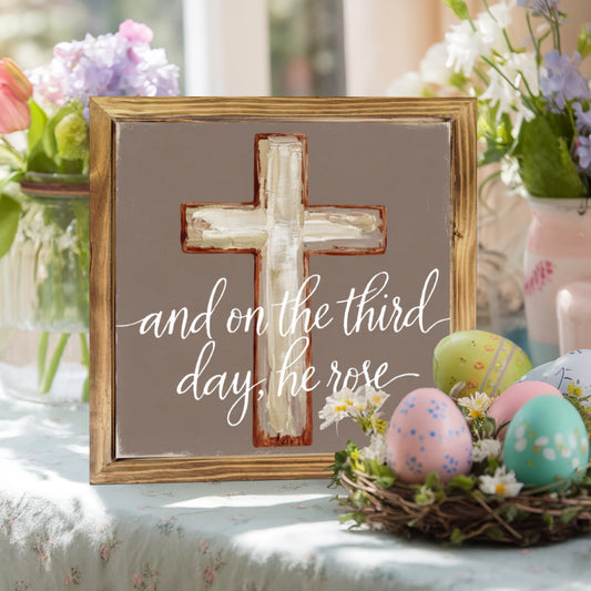 1pc 2D Flat Vintage Christian Cross Wall Decor | "And on the Third Day He Rose" | Brown Wooden Framed Religious Painting for Easter, Resurrection Sunday | Home, Church, or Office Decoration | Spiritual Gift | 2D Flat