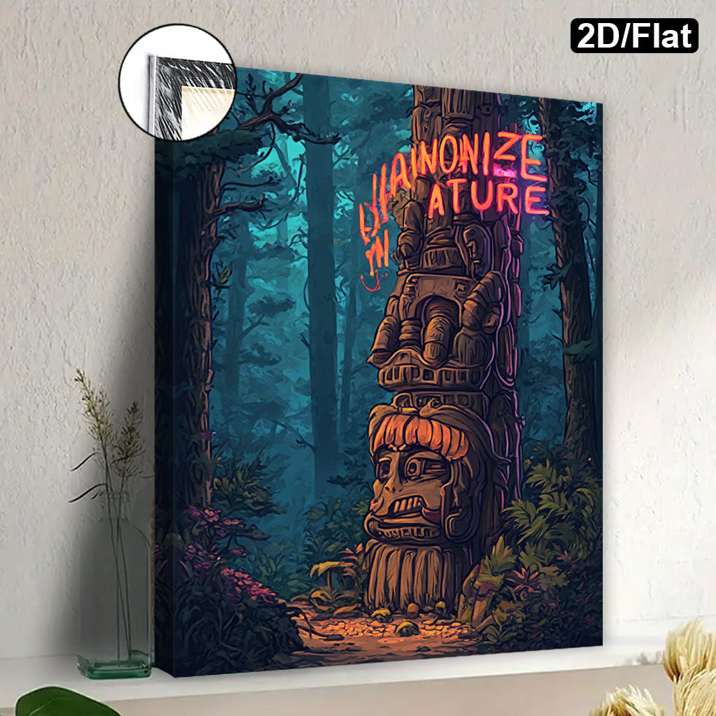 2D Flat Mysterious Totem Pole Forest Canvas Wall Art | Enchanted Woodland Painting with Neon “Harmonize with Nature” Quote | Wooden Framed Modern Nature Decor