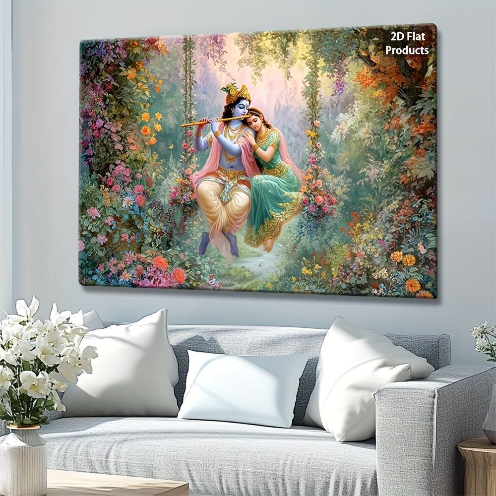 2D Flat Lord Krishna Playing Flute with Radha | Vibrant Floral Garden Canvas Painting | Modern Indian Art Framed Wall Decor for Living Room Bedroom or Office | Ready-to-Hang Wrapped Canvas Print | Hindu Cultural Decor