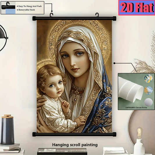 1pc 2D Flat Virgin Mary and Young Jesus Canvas Print | Elegant Golden and Blue Wall Art for Bedroom, Office, Living Room, Coffee Shop, or Dorm | Unique Gift for Friends, Family, or Loved Ones | Religious Wall Art | 2D Flat