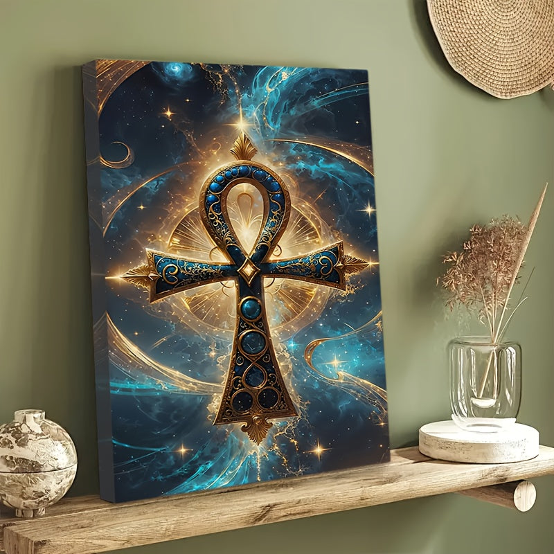 1pc Egyptian Cross Ankh Abstract Canvas Wall Art | Deep Blue and Gold Ancient Egyptian Symbol Print | 2D Flat Cultural Decor for Living Room Bedroom or Home Office