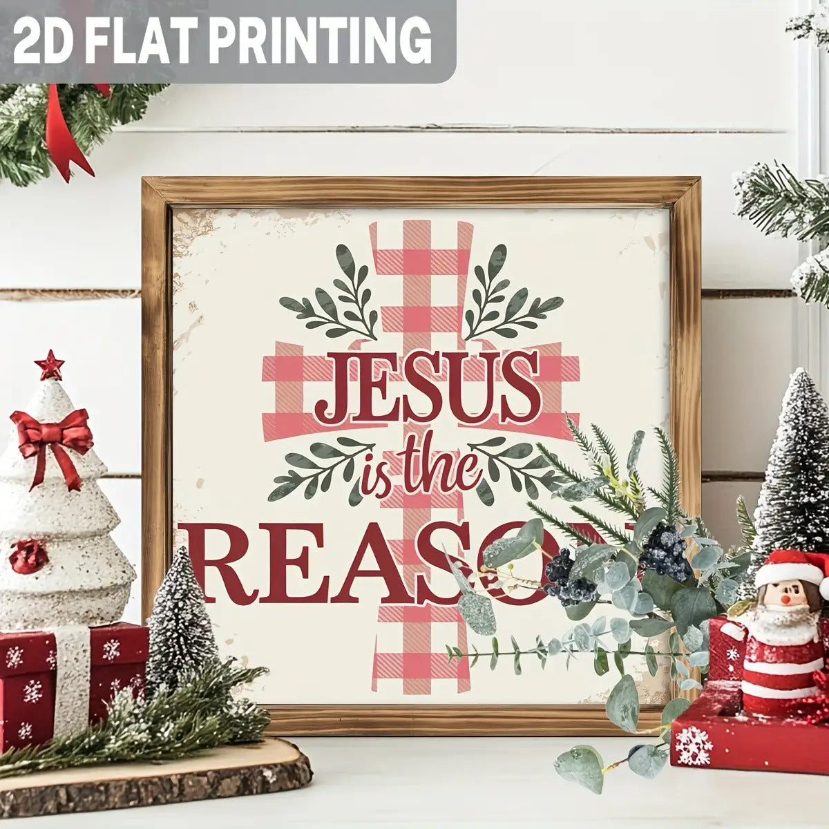 1pc 2D Flat Jesus Is the Reason Wooden Sign | Wooden Cross Scripture Wall Décor with Verse | Framed Farmhouse Design with Vertical Plaid and Greenery | Christian Home, Church, or Christmas Gift | 2D Flat