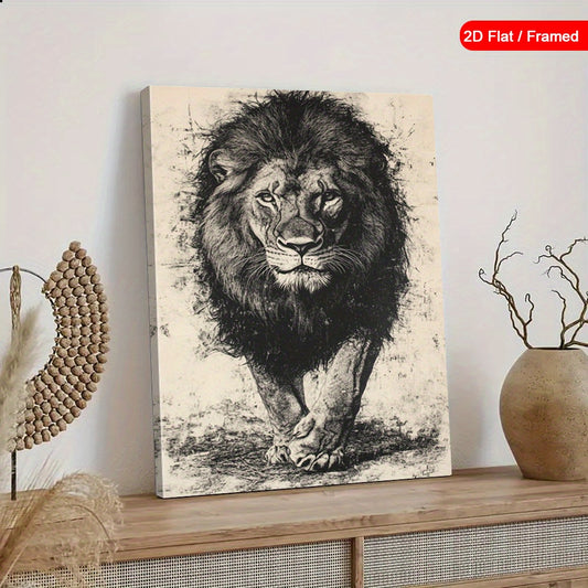 2D Flat 1pc Framed Wolf Wall Art Decor | Black & White Full Moon Canvas Print | Mountain Solitude Night Scene | Classic Wild Animal Spirit Wall Decor with Wooden Frame