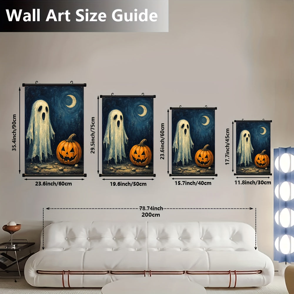 2D Flat 1pc Framed Gothic Jack-o’-Lantern Canvas Wall Art | French-Inspired Dark Blue and Golden Moon Phases | Spooky French Art Deco Decor for Halloween or Christmas