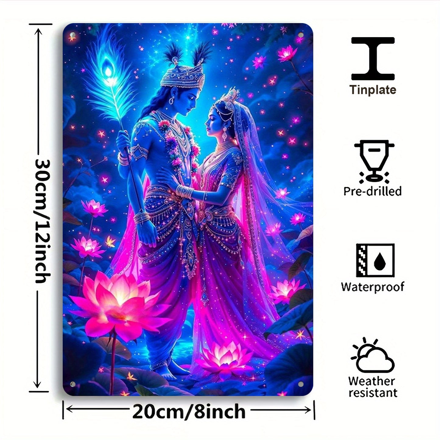 2D Flat 1pc Radha Krishna Divine Radiance Metal Wall Art 12x8" Blue and Pink Deities Starry Night and Lotus Flower Design Spiritual Decor for Meditation Room Living Room Religious Gift