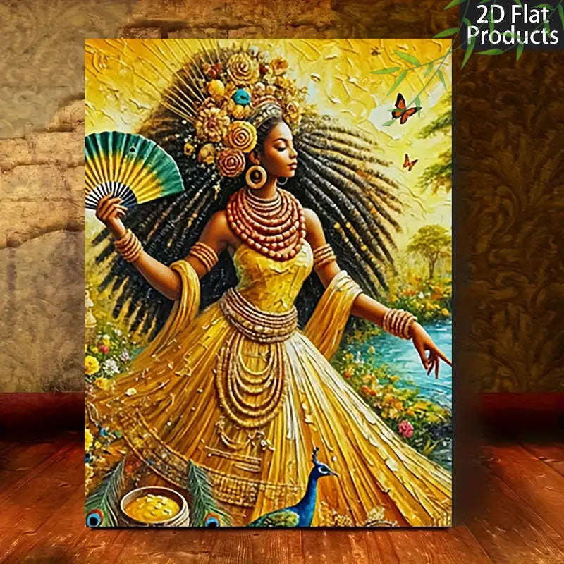 2D Flat 1pc Nigerian Yoruba Orixa Goddess Canvas Wall Art | Golden, Brown, Green, Blue, Red, Black, White Spiritual Painting | Wrapped Canvas Frameless for Living Room Bedroom or Office
